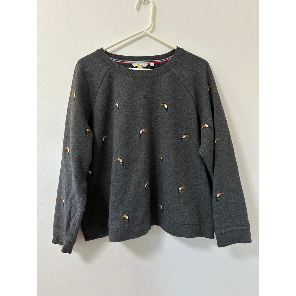 Boden Toucan Embroidered Sweatshirt Women XL Gray Whimsical Raglan Pullover